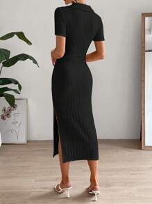 SHEIN Essnce Solid Split Thigh Dress - Black - View 2