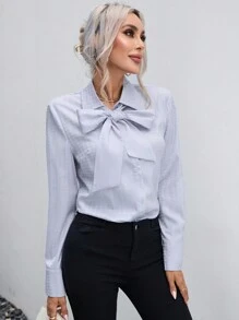 SHEIN Privé 千鳥格提花繫帶領緞面襯衫 - 淺灰色 - 查看 3