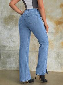 復古高腰下擺開叉直筒牛仔褲 - 中等水洗藍 - 查看 2