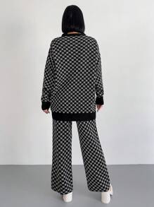 RueChic Geo Pattern Drop Shoulder Cardigan & Knit Pants - Black and White - View 2