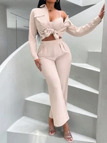 SHEIN Slayr Solid Button Front Shirt & Crop Cami Top & Pants - Apricot - View 4