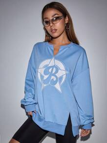 SHEIN Unity Letter And Star Print Drop Shoulder Split Hem Sweatshirt Pullover Fall Sweatshirt - Blue - View 3