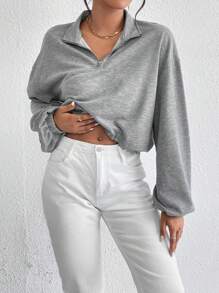 SHEIN Essnce Một nửa khóa kéo Thả vai Áo len crop - Xám - Xem 6