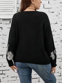 SHEIN LUNE Talla grande Jersey con lentejuela en contraste de hombros caídos - Negro - Ver 2