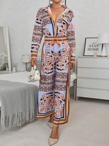 SHEIN Unity Scarf Print Shirt & Wide Leg Pants - Yellow - View 1