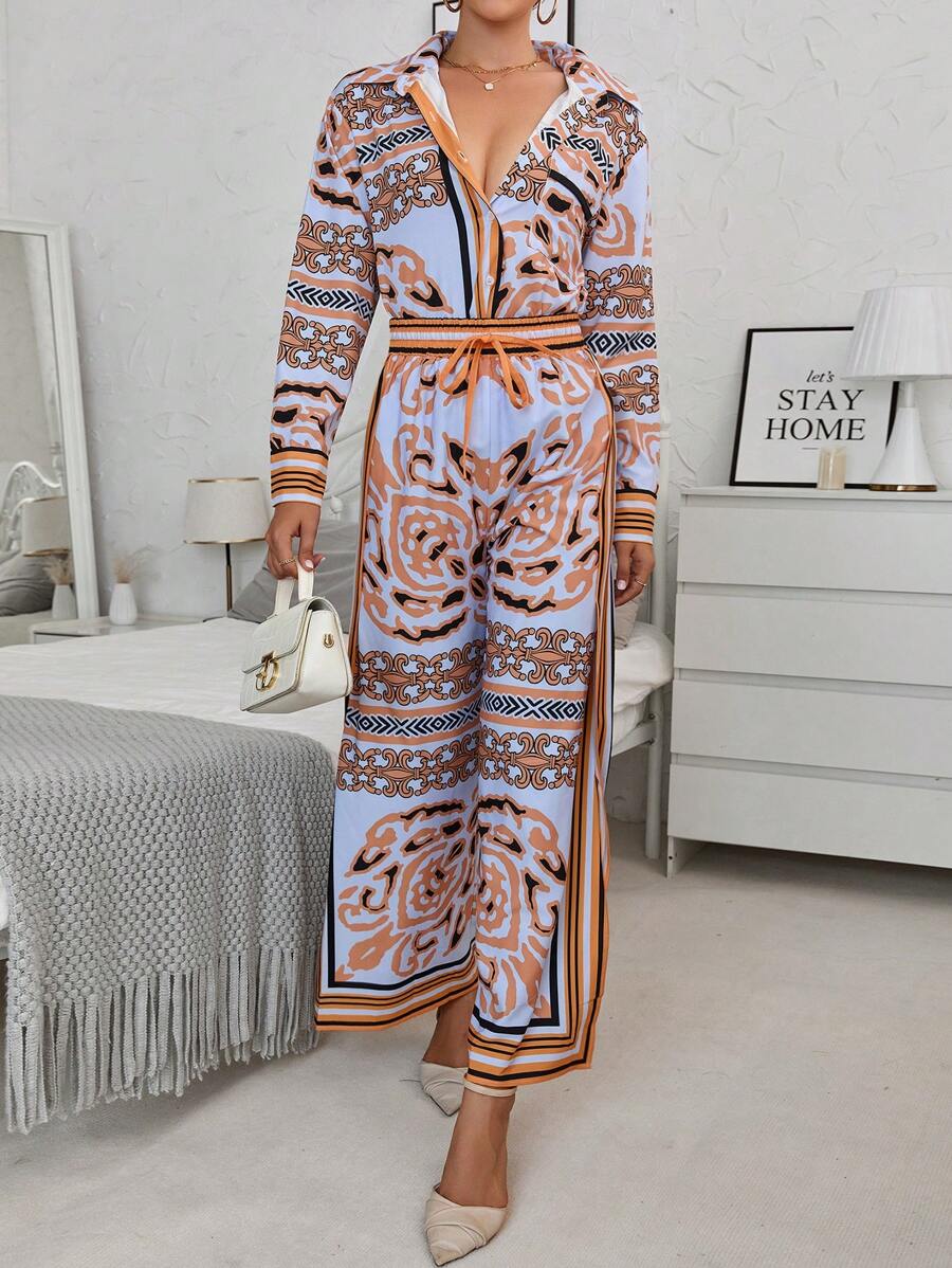 SHEIN Unity Scarf Print Shirt & Wide Leg Pants - Yellow - View 1