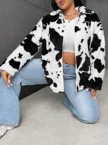 SHEIN EZwear Hơn Hình con bò Thả vai Áo Teddy Jackets - Đen và trắng - Xem 5
