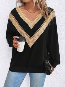 SHEIN LUNE Plus Contrast Guipure Lace Drop Shoulder Sweatshirt Pullover Fall Sweatshirt - Black - View 5