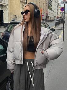 DAZY 拉链抽绳下摆连帽冬季厚口袋外套，冬季女装，棉服女式夹克 - 灰色 - 查看 1