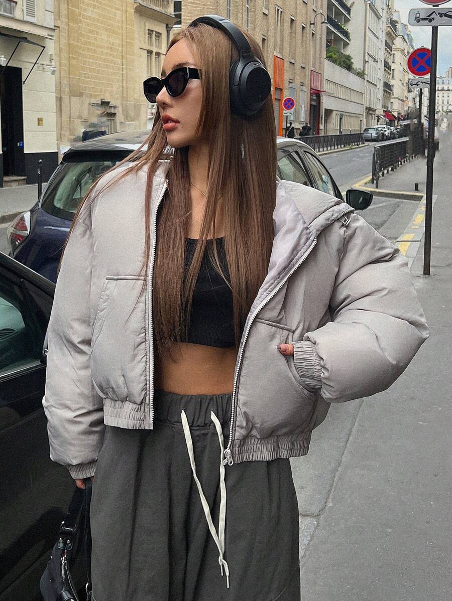 DAZY 拉链抽绳下摆连帽冬季厚口袋外套，冬季女装，棉服女式夹克 - 灰色 - 查看 1