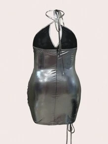 SHEIN ICON Hơn Mặt trước dây rút Halter Neck Kim loại Váy bodycon - Bạc - Xem 2