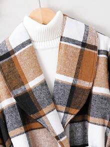 SHEIN 女大童1入組格紋大翻領不對稱下擺腰帶外套 - 咖啡棕 - 查看 4