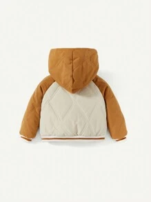 Baby Boy Letter Graphic Raglan Sleeve Colorblock Hooded Padded Coat - Brown - View 2