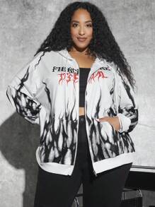 SHEIN CURVE+ 加大码字母火焰图案拉链抽绳卫衣 - 白色 - 查看 1