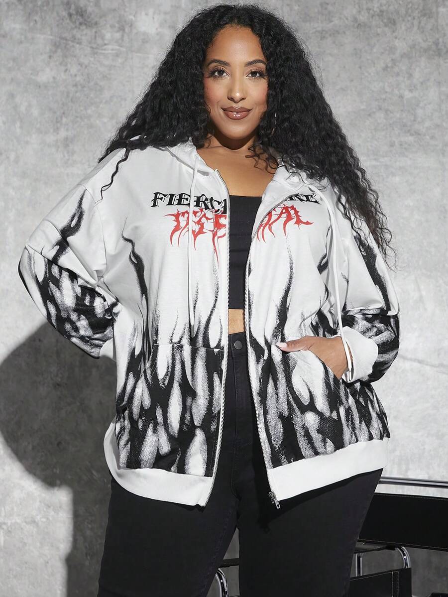 SHEIN CURVE+ 加大码字母火焰图案拉链抽绳卫衣 - 白色 - 查看 1