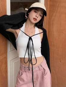DAZY Chất rắn Tie Trước Cắt sửa áo lông cừu Không có Áo hai dây - màu đen - Xem 5