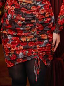 Frida Kahlo X SHEIN 大碼印花抽繩前收褶緊身洋裝 - 彩色 - 查看 6