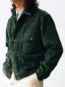 Manfinity Homme Men Flap Pocket Corduroy Jacket - Dark Green - View 3