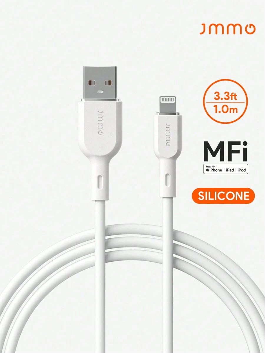 JMMO iPhone 数据线，硅胶 USB-A 转闪电数据线，USB 转闪电数据线 3.3 英尺/1 米 [Apple MFi 认证] 圣诞礼物，秋冬必备品 - 白色 - 查看 1
