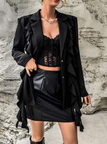 SHEIN Privé Solid Ruffle Trim Blazer - Black - View 4