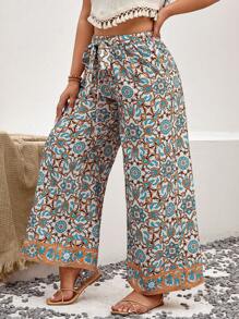 SHEIN VCAY Hơn In Toàn bộ Thắt lưng Quần ống rộng - Nhiều màu - Xem 3