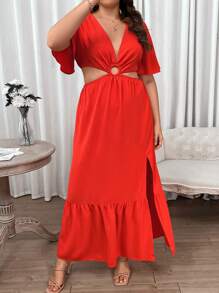 Breezaya Plus Plunging Neck Cut Out Waist Split Thigh Dress