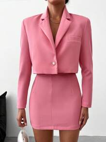 SHEIN Cottnline Lapel Neck Single Button Blazer & Bodycon Skirt - Pink - View 1