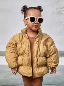 SHEIN Baby Girl Zip Up Padded Coat & Scarf,In Fall/Winter - Khaki - View 6