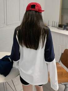 DAZY Áo thun tay dài họa tiết chữ Raglan tương phản dành cho nữ, Quần áo mùa thu cho nữ - Đen và trắng - Xem 6