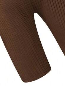 SHEIN Tween Girl Cold Shoulder Button Front Rib-knit Unitard Romper Without Bag - Khaki - View 5