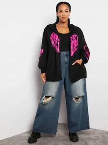 SHEIN CURVE+ 加大码字母图案拉链落肩抽绳卫衣 - 黑色 - 查看 5