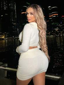 Zolique 素色短款上衣和不對稱下擺針織包臀半身裙 - 杏色 - 查看 2