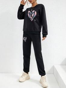 SHEIN EZwear Feather Print Drop Shoulder Sweatshirt & Sweatpants - Black - View 4