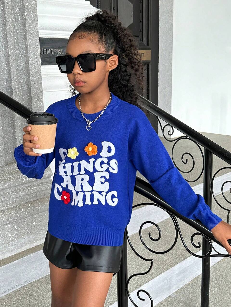 Tween Girl Slogan Pattern Floral Crochet Drop Shoulder Sweater