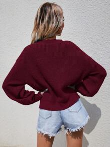 SHEIN LUNE Áo len chui đầu tay phồng, vai rớt, chất liệu dệt kim gân, màu trơn, thích hợp cho mùa thu đông. - Đỏ - Xem 2