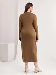 Mulvari 大碼前紐扣條紋針織毛衣洋裝 - 駝色 - 查看 5