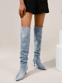 Quý cô Đúng mốt Dây kéo bên Nhuộm buộc Dao găm nhỏ Giày ống - Màu xanh lam - Xem 1