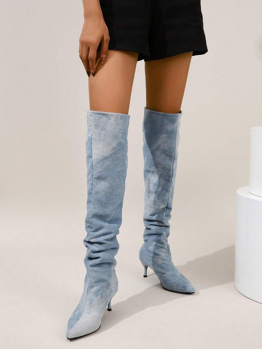 Quý cô Đúng mốt Dây kéo bên Nhuộm buộc Dao găm nhỏ Giày ống - Màu xanh lam - Xem 1