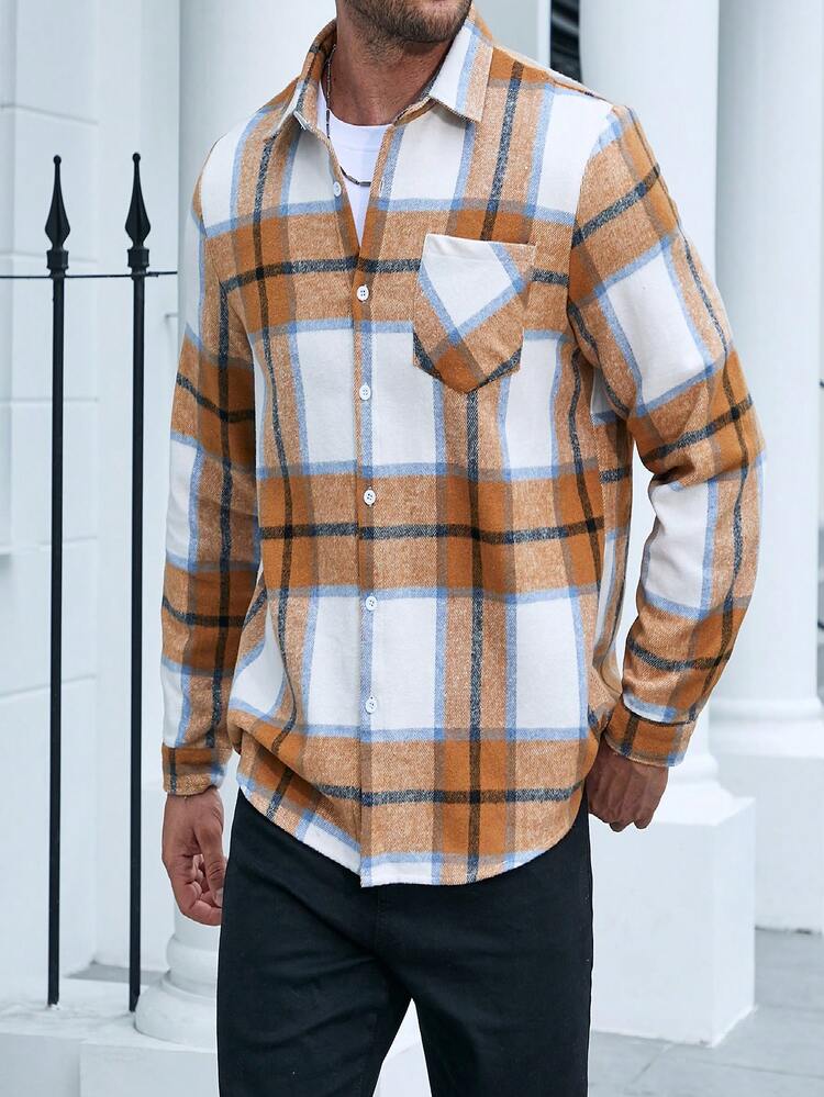 Men Plus Plaid Print Patched Pocket Overcoat