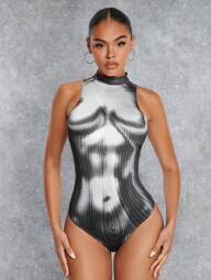 SHEIN BAE บอดี้สูท แผนที่ความร้อนของร่างกาย พิมพ์ คอตั้งทรงสูง