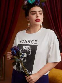 Frida Kahlo X SHEIN Plus Figure & Letter Graphic Drop Shoulder Tee - White - View 6
