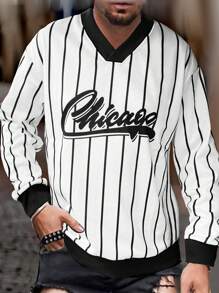 Aesthetic Post--Men Striped & Letter Graphic Drop Shoulder Thermal Lined Sweatshirt - White - View 1