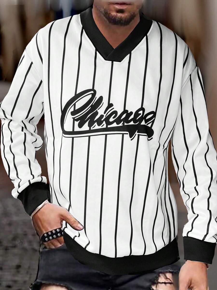 Aesthetic Post--Men Striped & Letter Graphic Drop Shoulder Thermal Lined Sweatshirt - White - View 1