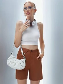 Chiquease 素色斜口袋短褲 - 咖啡棕 - 查看 4