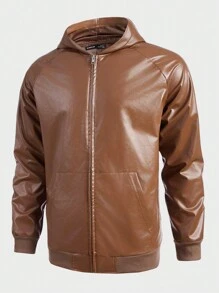 Manfinity VCAY 男士拉鏈開襟連帽插肩袖PU皮革夾克 - 棕色 - 查看 3
