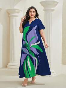 Al Najma Plus Floral Print Notched Neckline Dress - Multicolor - View 5