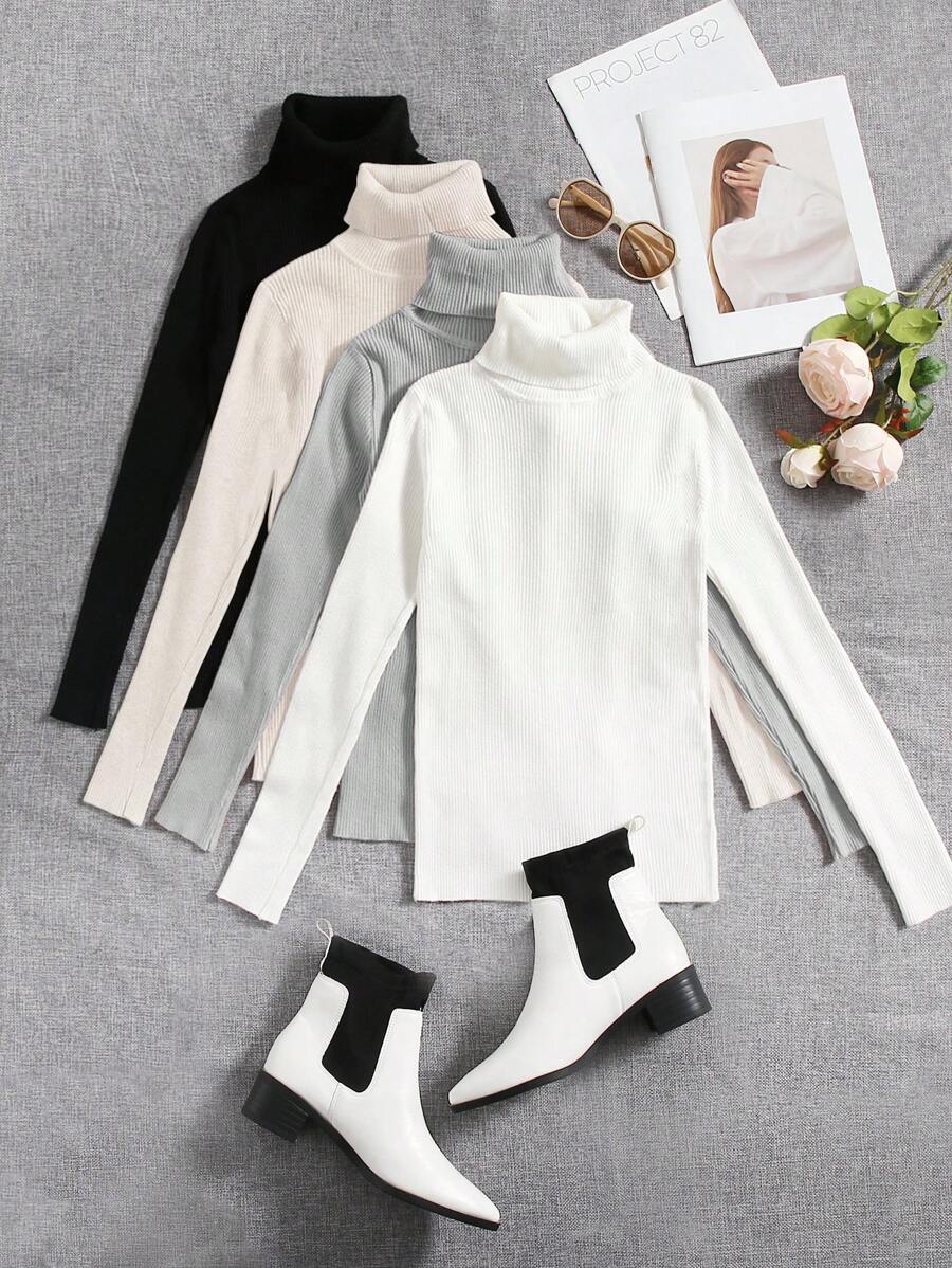 SHEIN LUNE 4pcs Solid Turtleneck Ribbed Knit Sweater - Multicolor - View 1