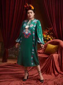 Frida Kahlo X SHEIN Hơn In hoa Cà vạt Tay áo lồng đèn Đầm - màu xanh lá - Xem 1