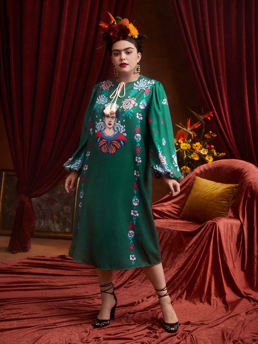 Frida Kahlo X SHEIN Hơn In hoa Cà vạt Tay áo lồng đèn Đầm - màu xanh lá - Xem 1