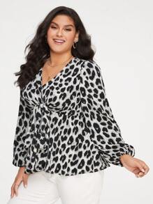 SHEIN Privé 大碼豹紋印花燈籠袖前打結荷葉邊下擺襯衫 - 灰色 - 查看 5